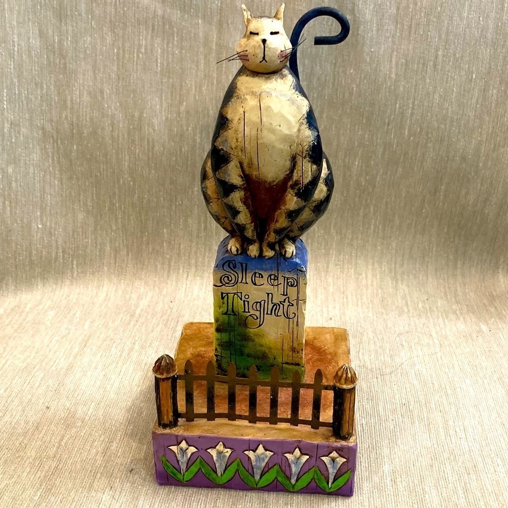 JIM SHORE Sleep Tight Cat On  a Tombstone With a Fence Resin